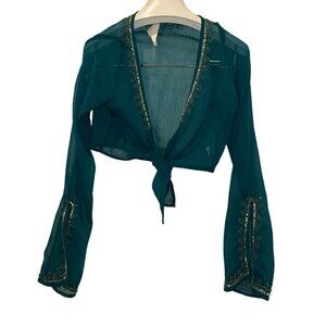 Embroidered Tie-Front Sheer Blouse - Teal